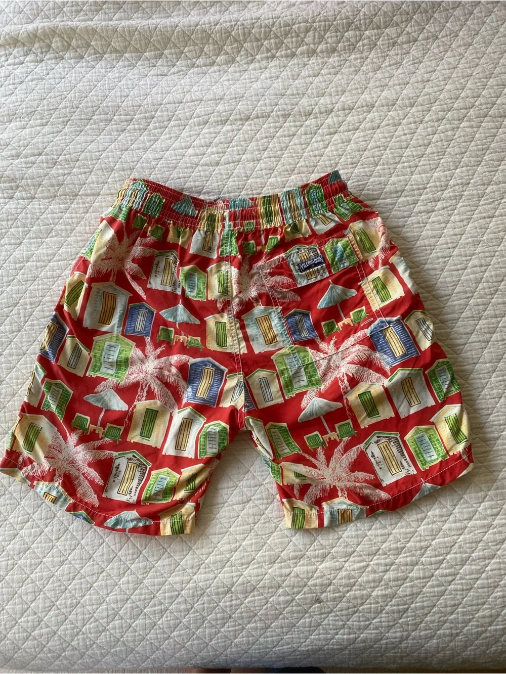 Vilebrequin Red Beach Hut Swim Trunks Palm Tree Drawstring Preppy Print Medium